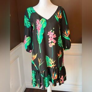 Tori Richard Silk Swing V-Neck Dress Hawaiian Flower Motif Pockets Size 00